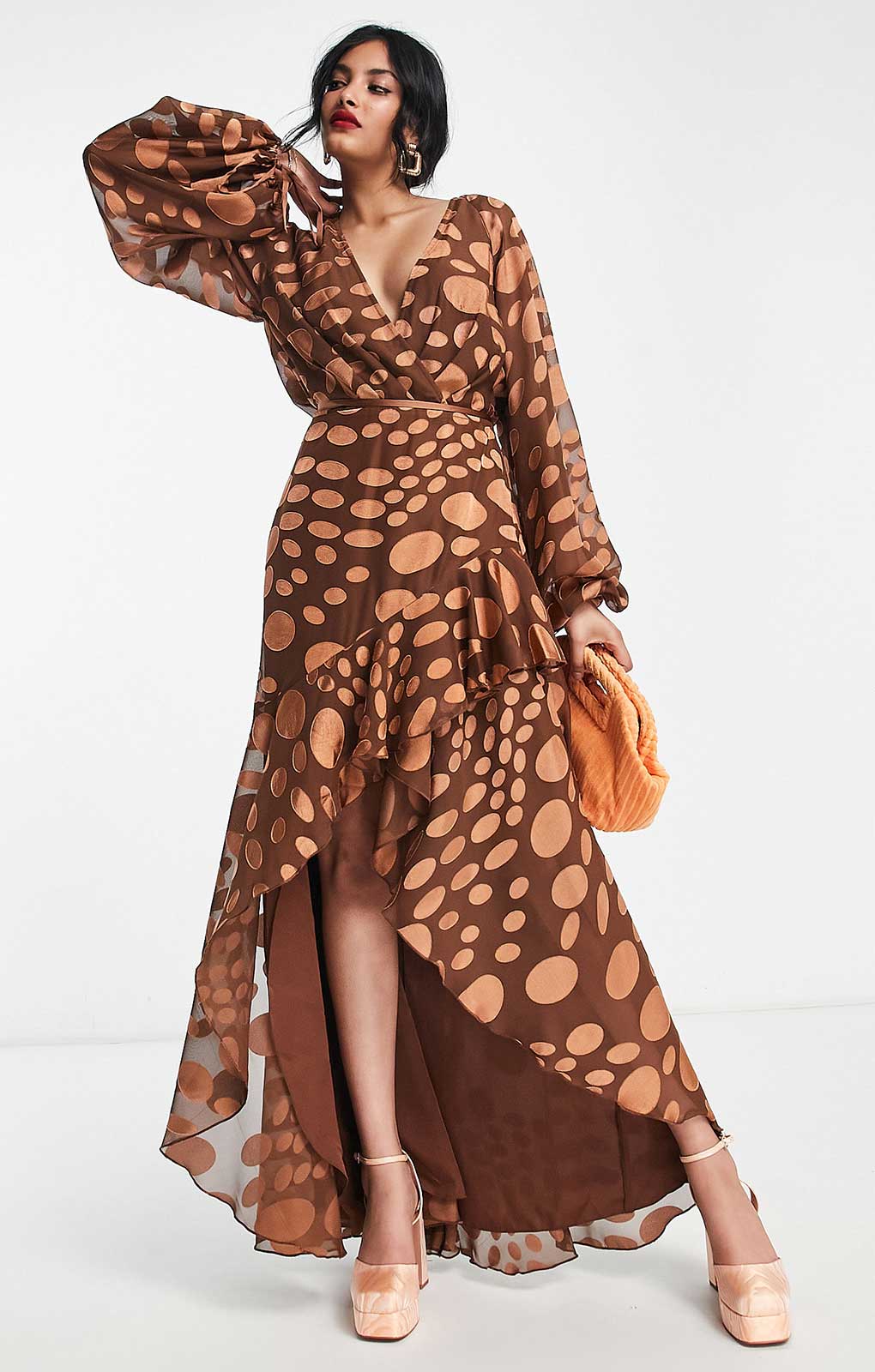 Asos Design Satin Jacquard Warped Spot Wrap Maxi Dress With Tie Waist