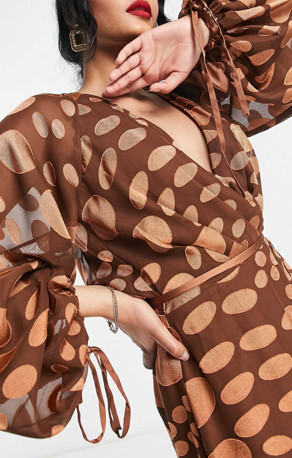 Asos Design Satin Jacquard Warped Spot Wrap Maxi Dress With Tie Waist