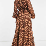 Asos Design Satin Jacquard Warped Spot Wrap Maxi Dress With Tie Waist