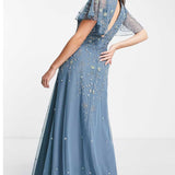 Asos Design Flutter Sleeve Maxi Dress With Trailing Floral Embellishment In Blue