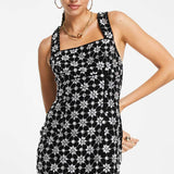 Asos Design Encrusted Velvet Slip Mini Dress With Floral Gem Detail In Black