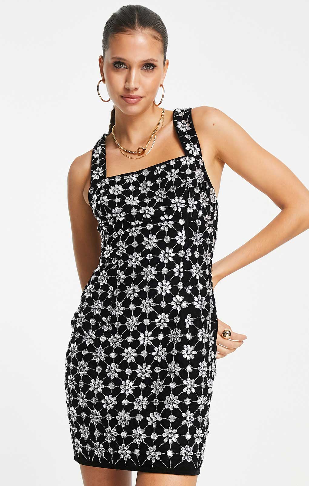 Asos Design Encrusted Velvet Slip Mini Dress With Floral Gem Detail In Black