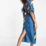 Asos Edition Floral Embroidered Organza Midi Dress In Steel Blue