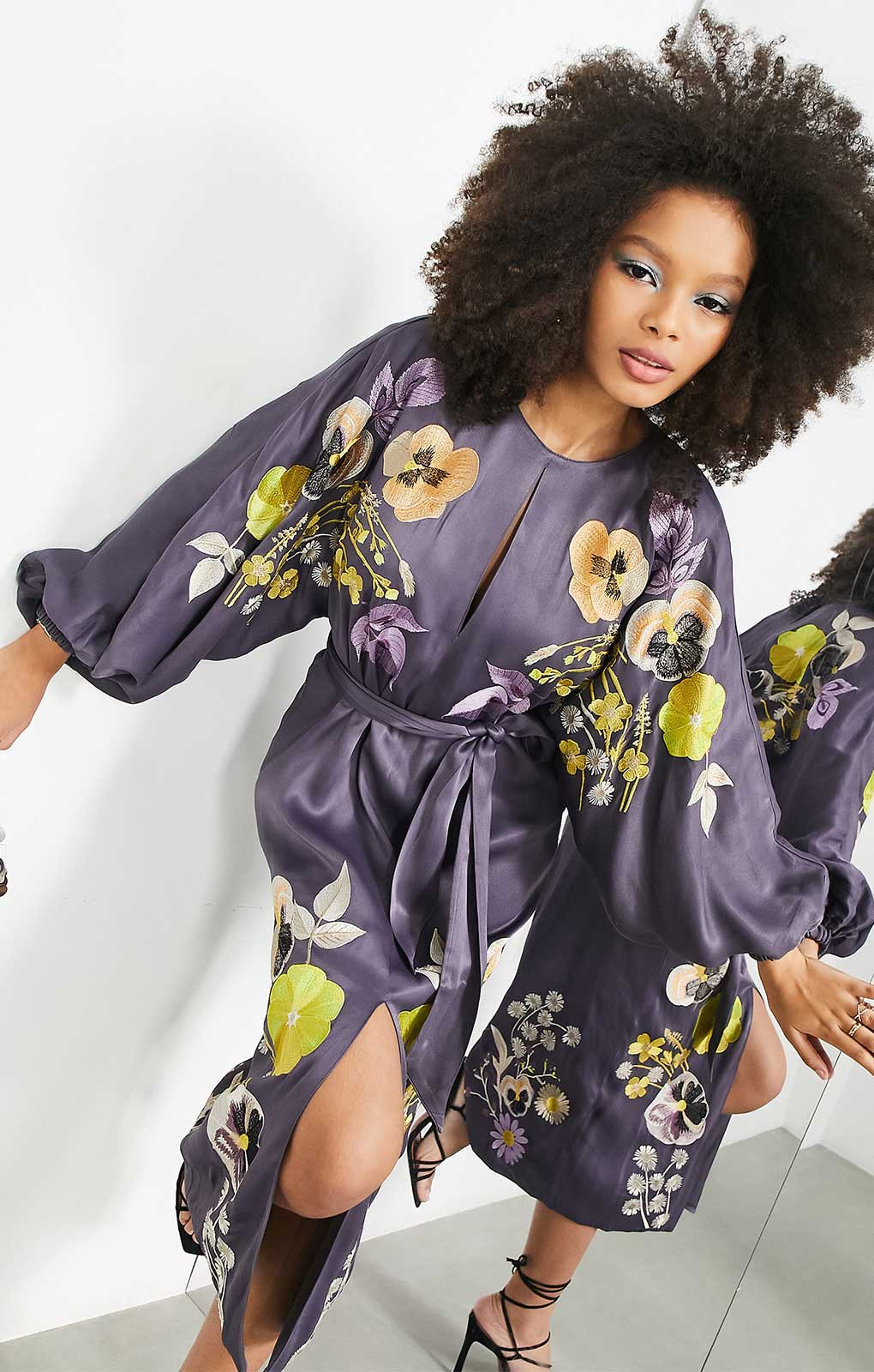 Asos Edition Satin Midi Dress In Pansy Floral Embroidery In Mauve