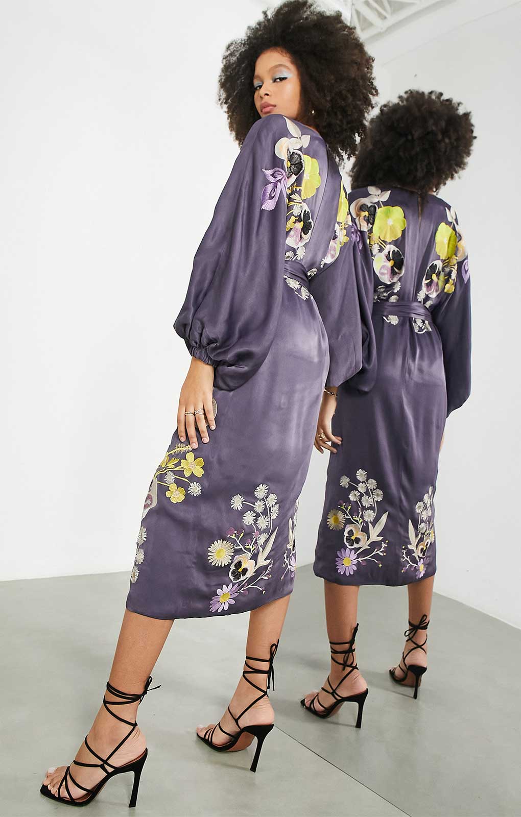 Asos Edition Satin Midi Dress In Pansy Floral Embroidery In Mauve