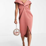 Asos Design Petite Twist Front Off The Shoulder Midi Dress In Rose