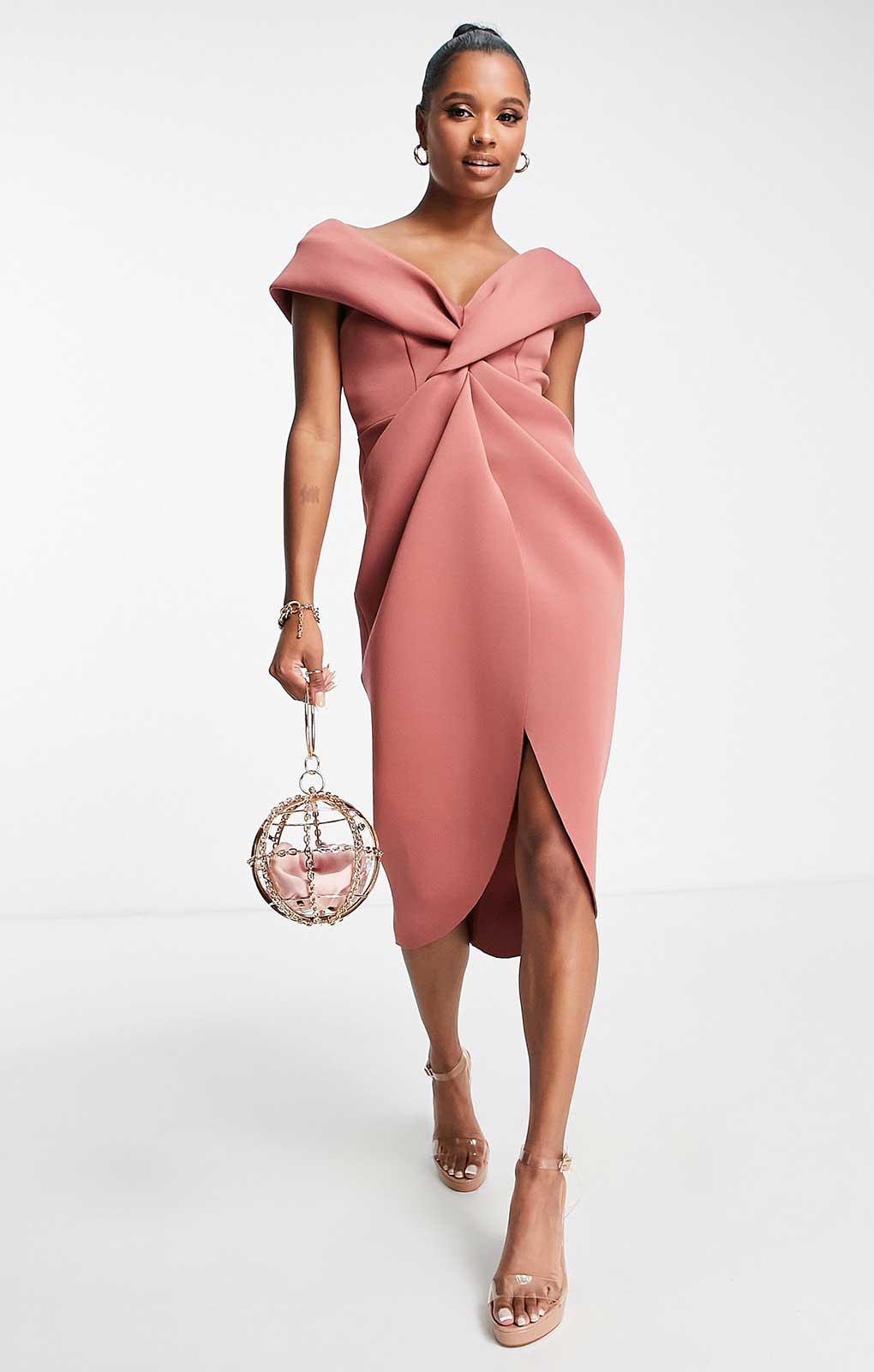 Asos Design Petite Twist Front Off The Shoulder Midi Dress In Rose