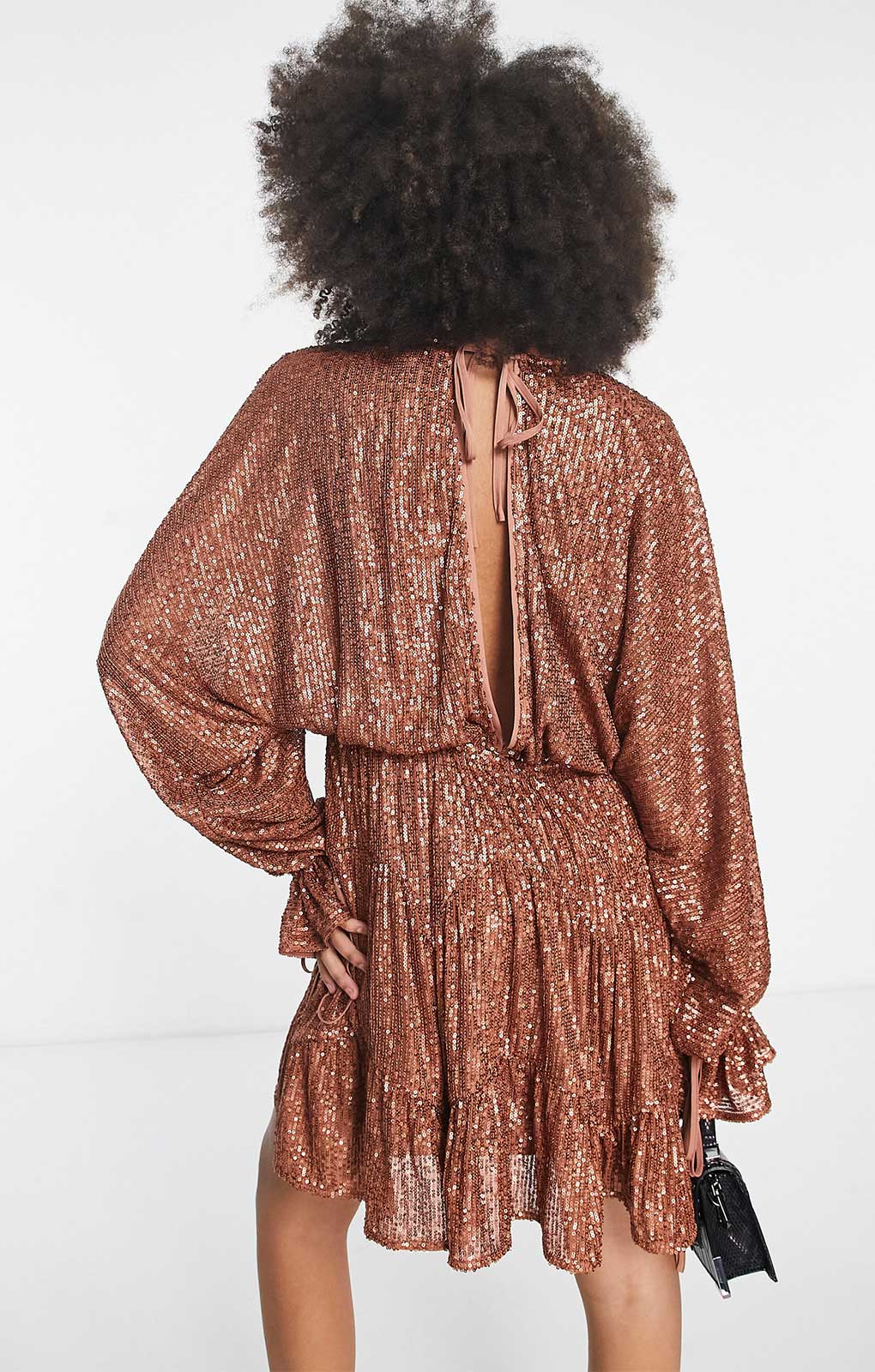 Asos Design Embellished Tiered Mini Dress With Tie Detail In Gold Sequin