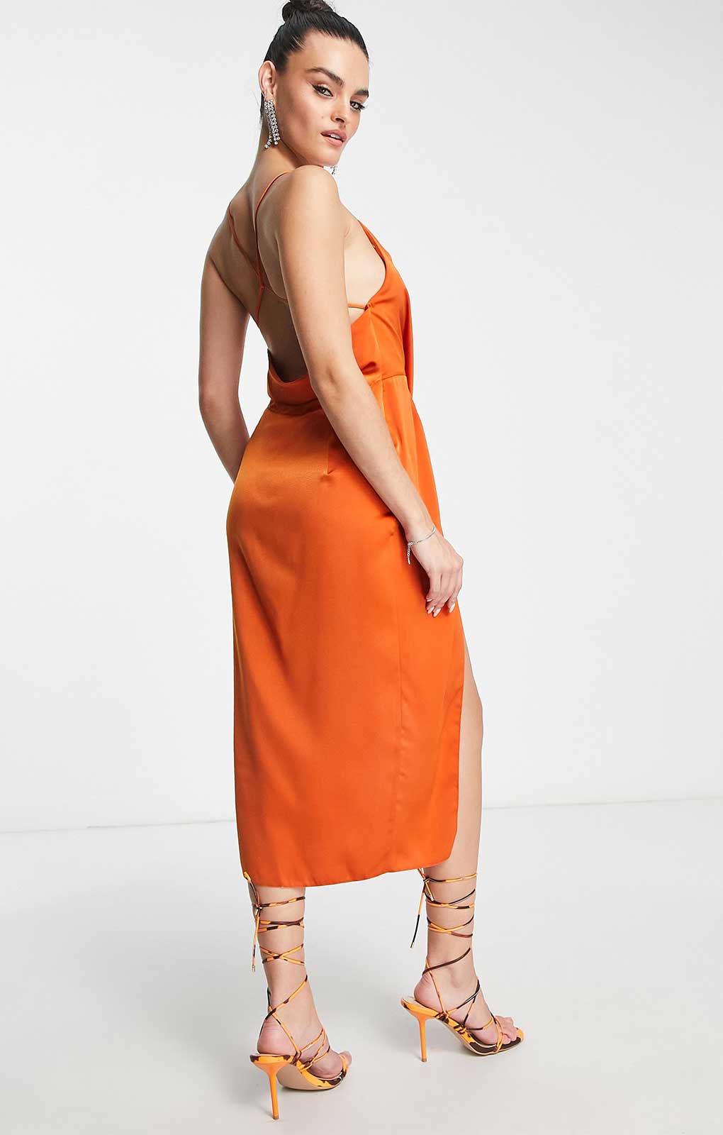 Asos Design Drape Detail Satin Midi Dress With Strappy Back In Rust
