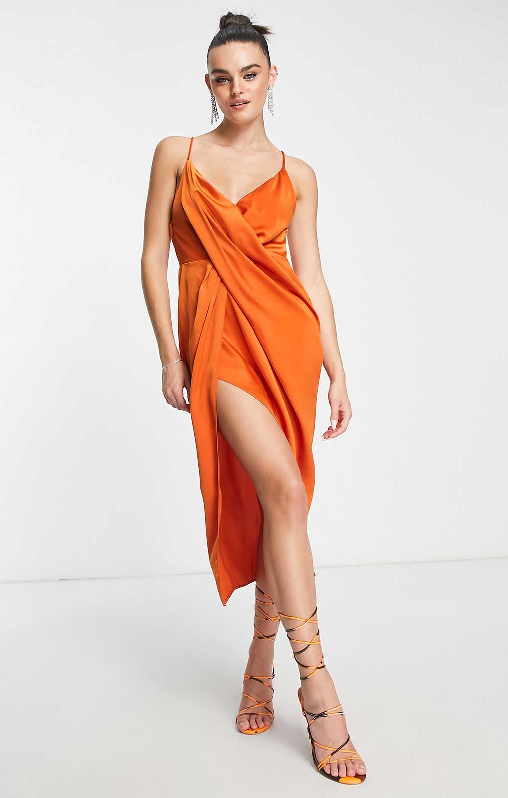 Asos Design Drape Detail Satin Midi Dress With Strappy Back In Rust
