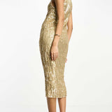 Asos Design High Neck Embellished Midi Dress In Plisse Sequin In Gold