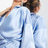 Asos Edition Split Drape Satin Midi Shirt Dress In Dusky Blue