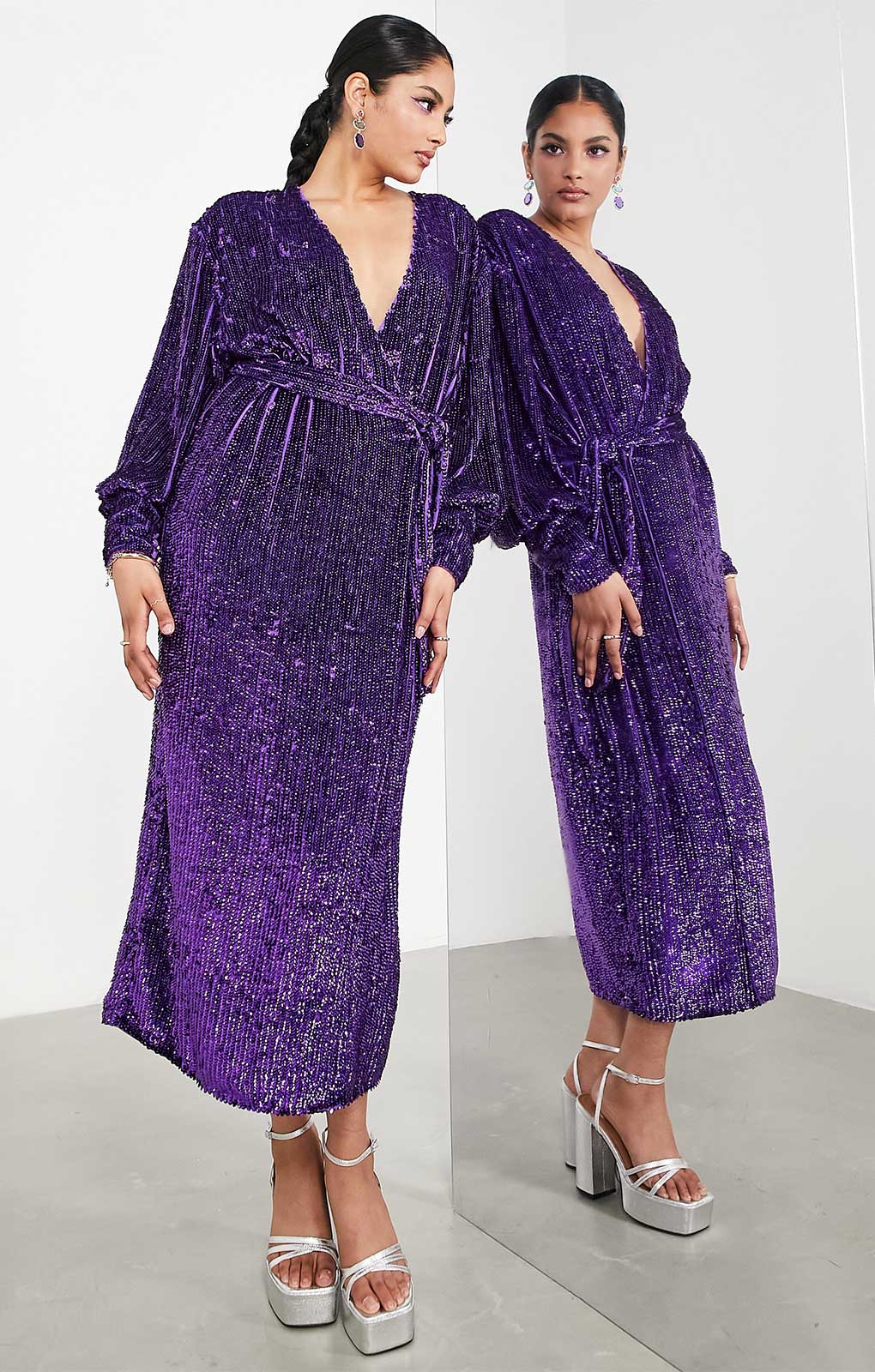 Asos Edition Sequin Wrap Midi Dress In Purple Asos Edition Sequin Wrap Midi Dress In Purple