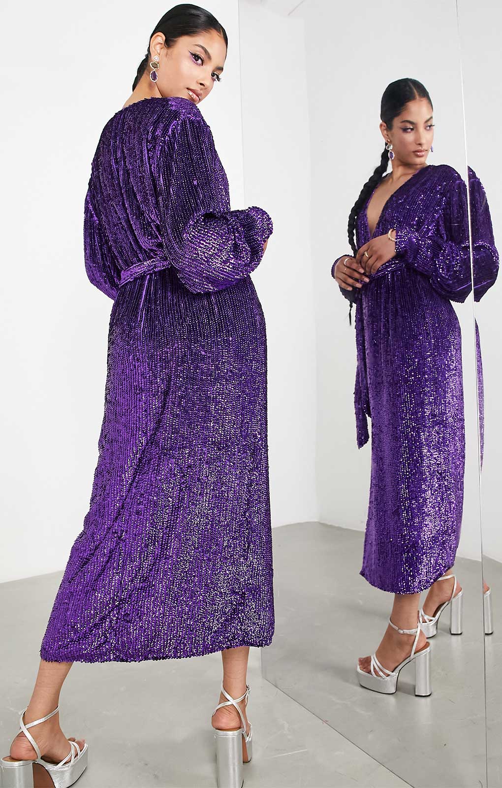 Asos Edition Sequin Wrap Midi Dress In Purple