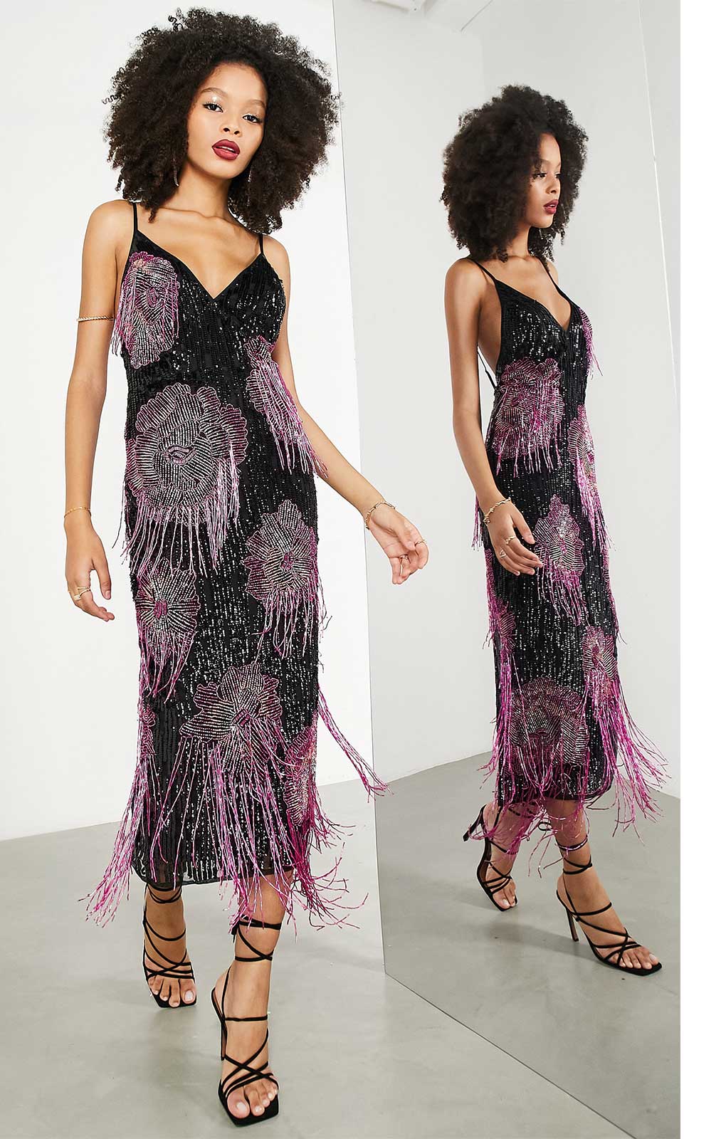 Rent Asos Edition Embellished Cami Midi Dress With Floral Fringe In Black And Pink | Hirestreet Rent Asos Edition Embellished Cami Midi Dress With Floral Fringe In Black And Pink | Hirestreet