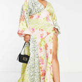 Asos Design Curve Satin Mixed Prints Seam Detail Midi Dress