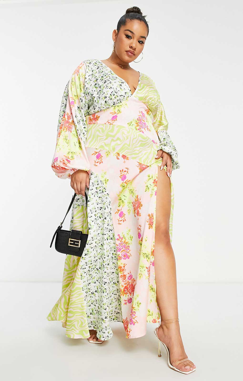 Asos Design Curve Satin Mixed Prints Seam Detail Midi Dress