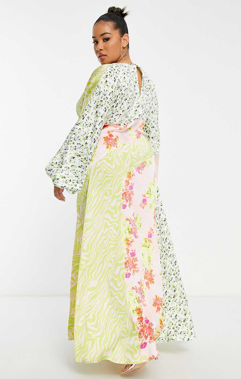 Asos Design Curve Satin Mixed Prints Seam Detail Midi Dress