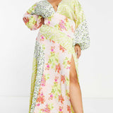 Asos Design Curve Satin Mixed Prints Seam Detail Midi Dress