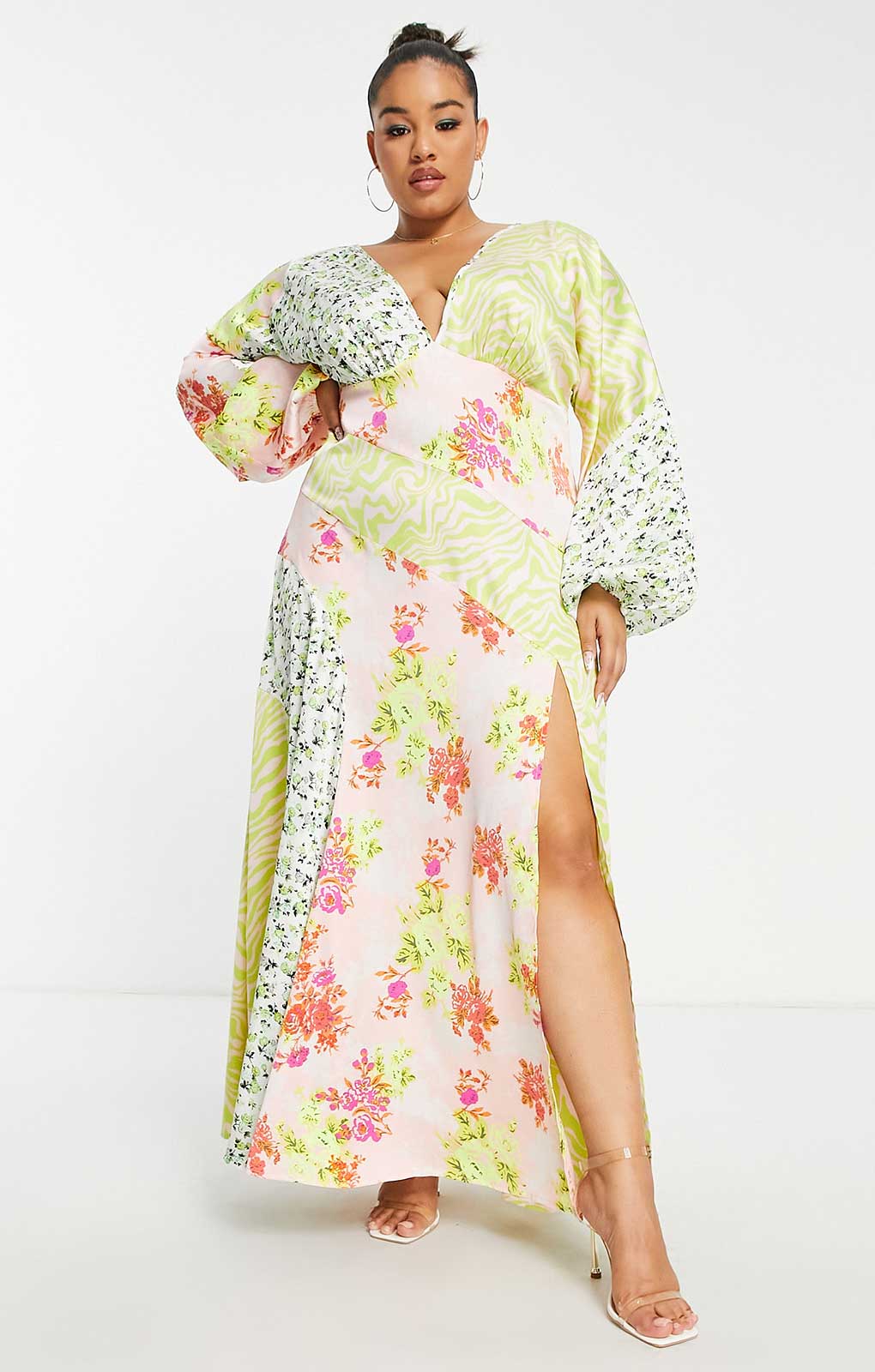 Asos Design Curve Satin Mixed Prints Seam Detail Midi Dress