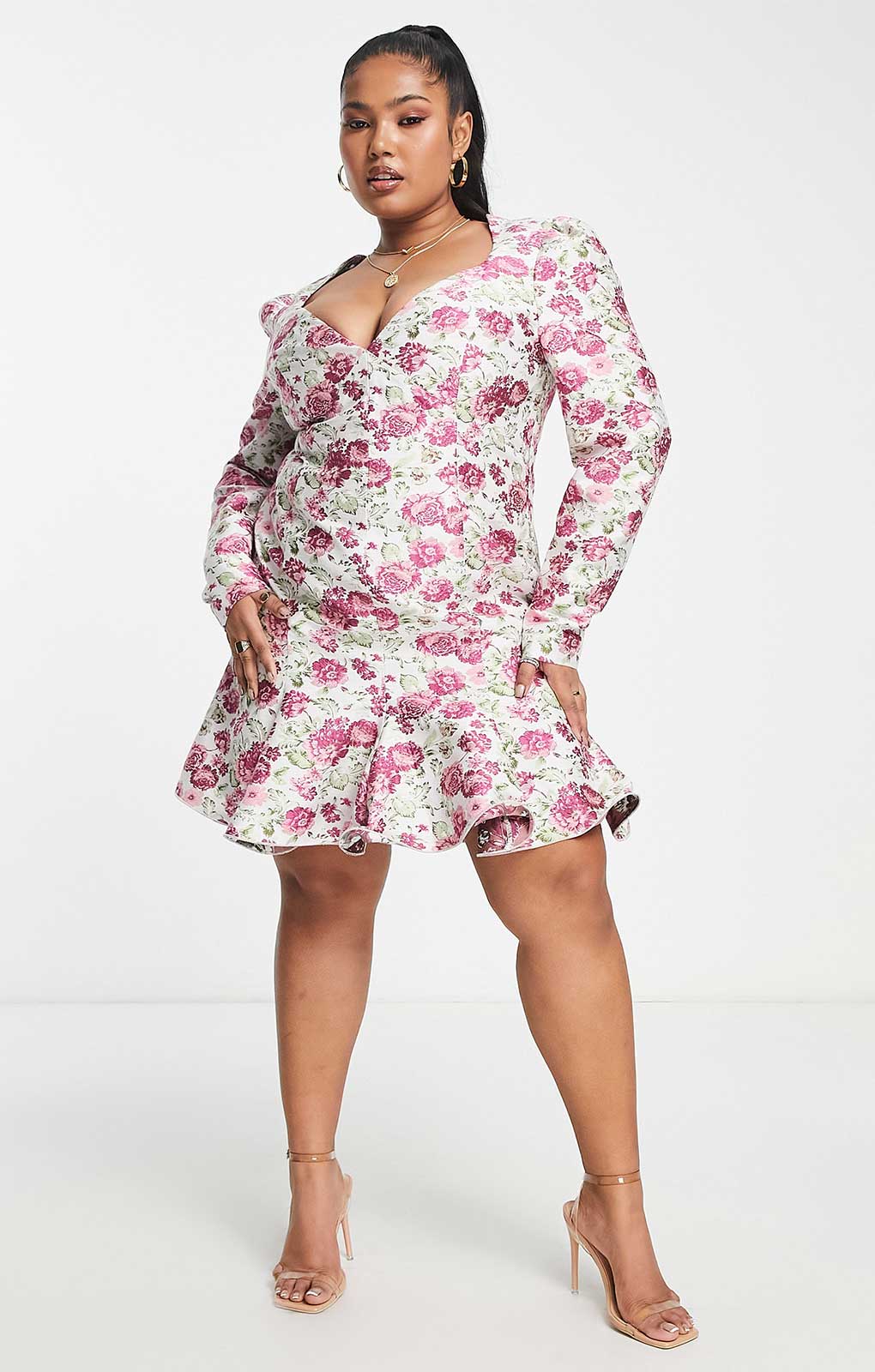 Asos Luxe Curve Sweetheart Neck Mini Dress With Long Sleeves In Floral Jacquard