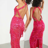 Asos Edition Pearl And Fringe Halter Midi Dress In Hot Pink