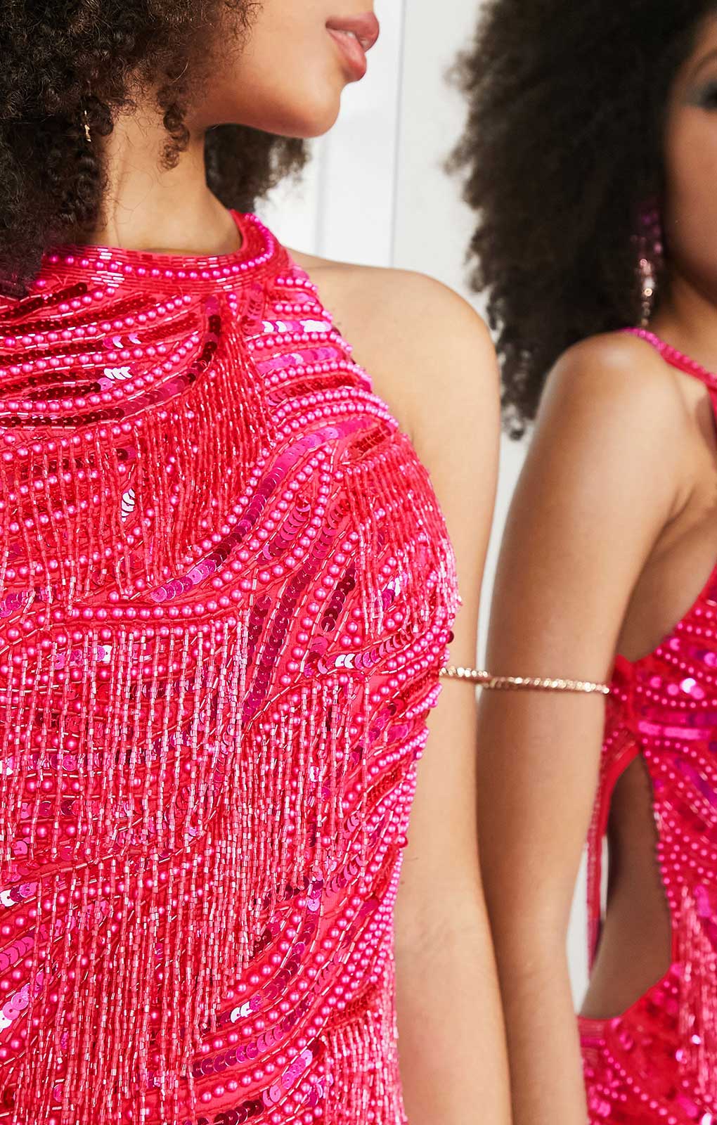 Asos Edition Pearl And Fringe Halter Midi Dress In Hot Pink