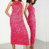 Asos Edition Pearl And Fringe Halter Midi Dress In Hot Pink