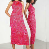 Asos Edition Pearl And Fringe Halter Midi Dress In Hot Pink product image