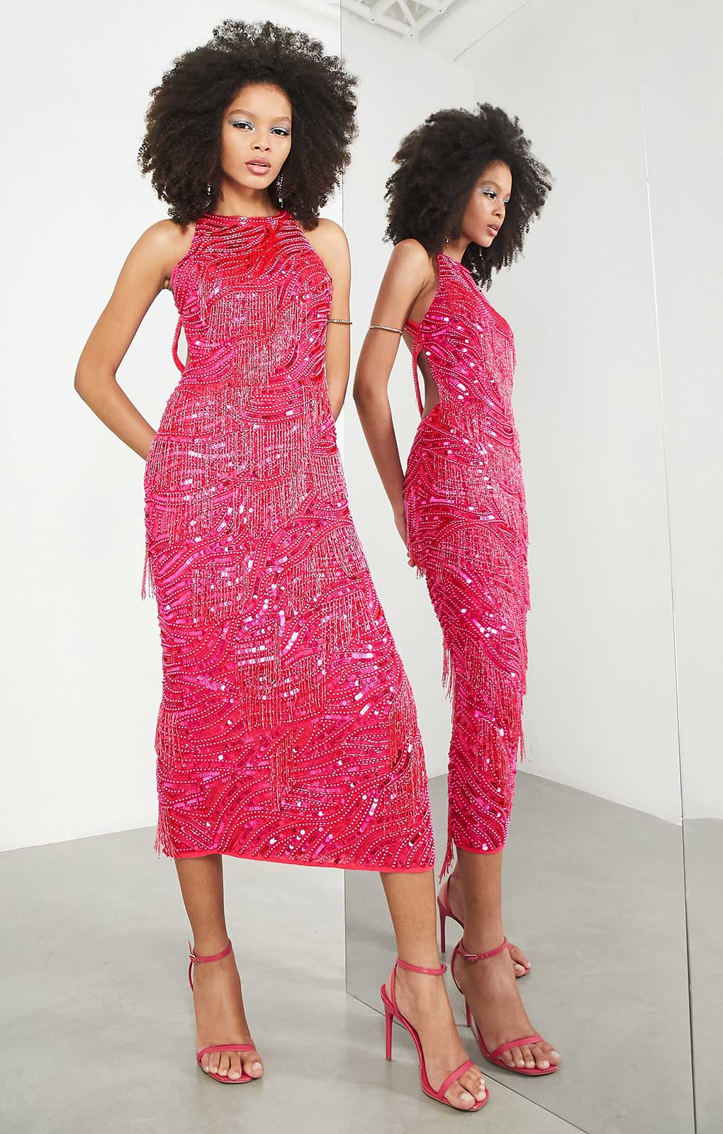 Asos Edition Pearl And Fringe Halter Midi Dress In Hot Pink
