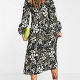 Asos Design Jacquard Puff Sleeve Midi Dress In Dark Floral