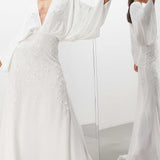 Asos Edition Lisa Drape Sleeve Plunge Dress With Floral Embellishment In Ivory
