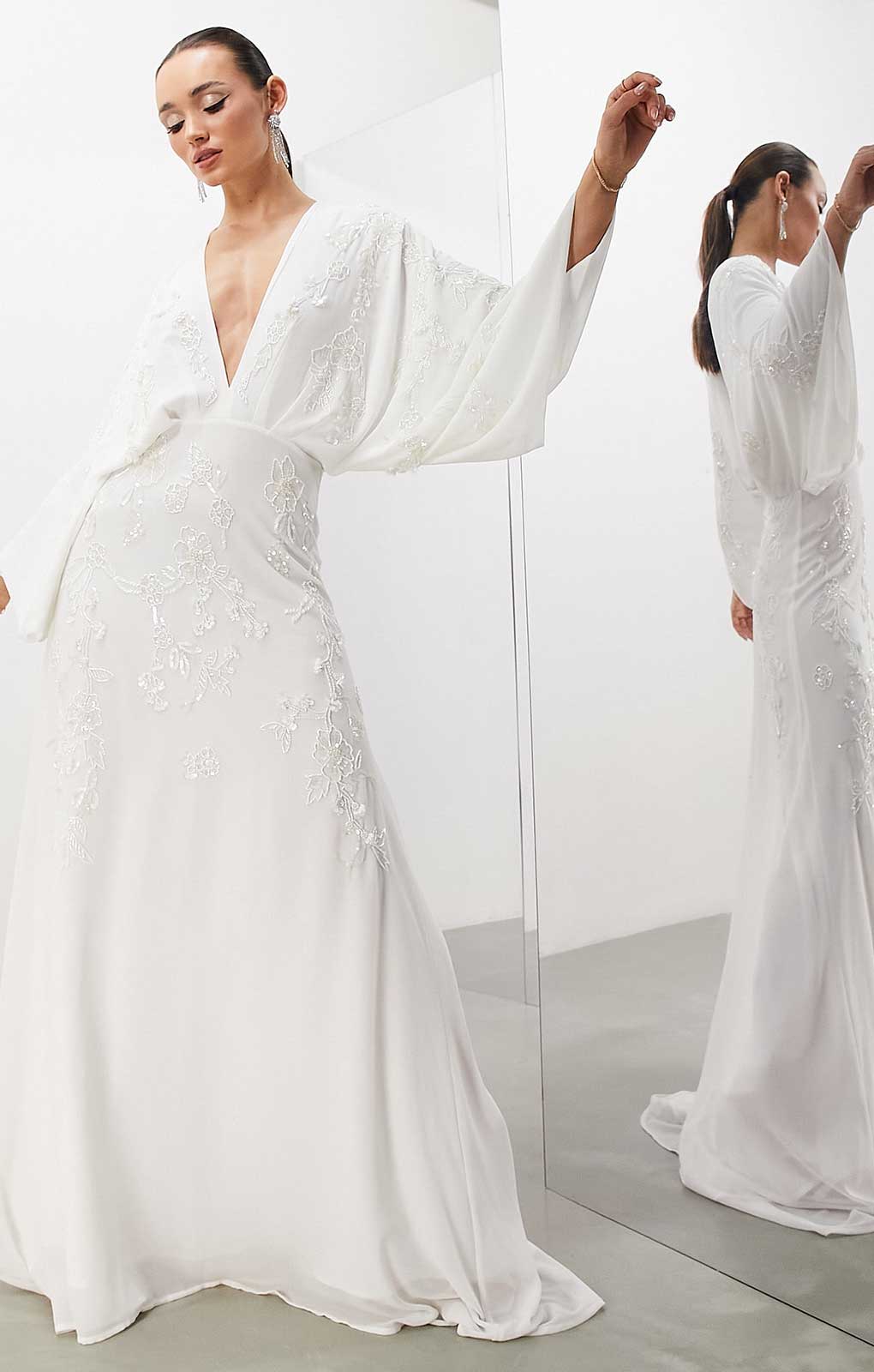 Asos Edition Lisa Drape Sleeve Plunge Dress With Floral Embellishment In Ivory