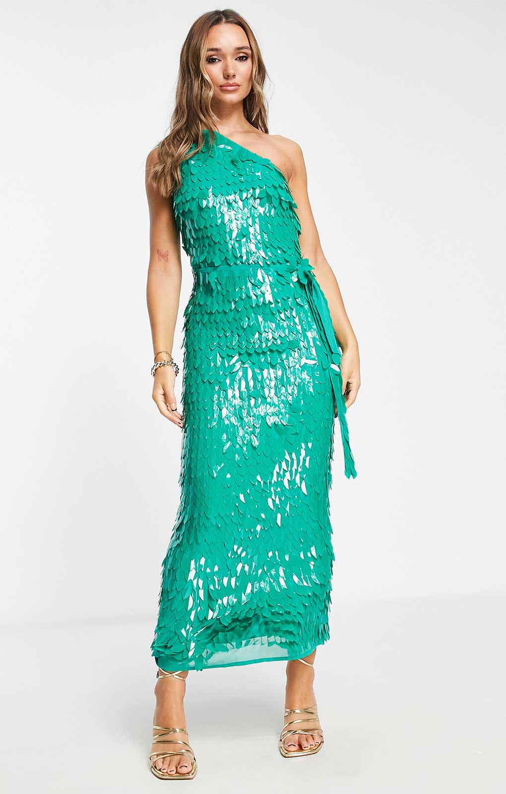 fitted lace wedding dress Rent Asos Design All Over Feather Embellished Maxi Dress In Green