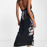 Asos Edition Floral Phoenix Embroidered Satin Halter Midi Dress In Black