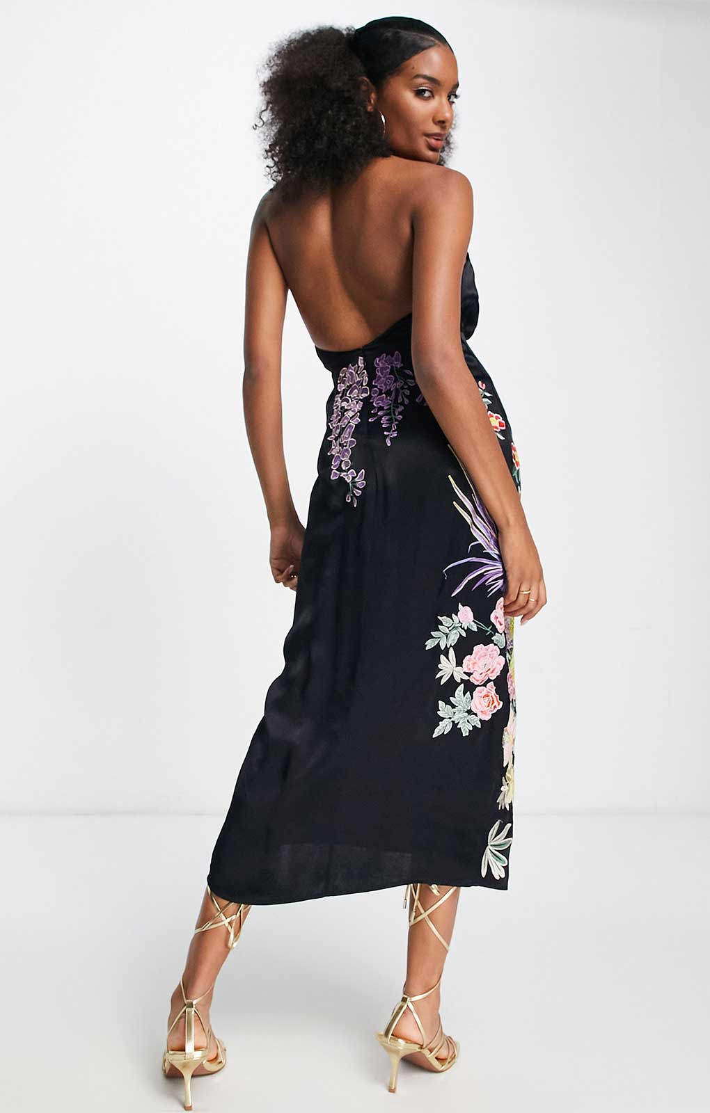 Asos Edition Floral Phoenix Embroidered Satin Halter Midi Dress In Black