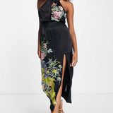 Asos Edition Floral Phoenix Embroidered Satin Halter Midi Dress In Black
