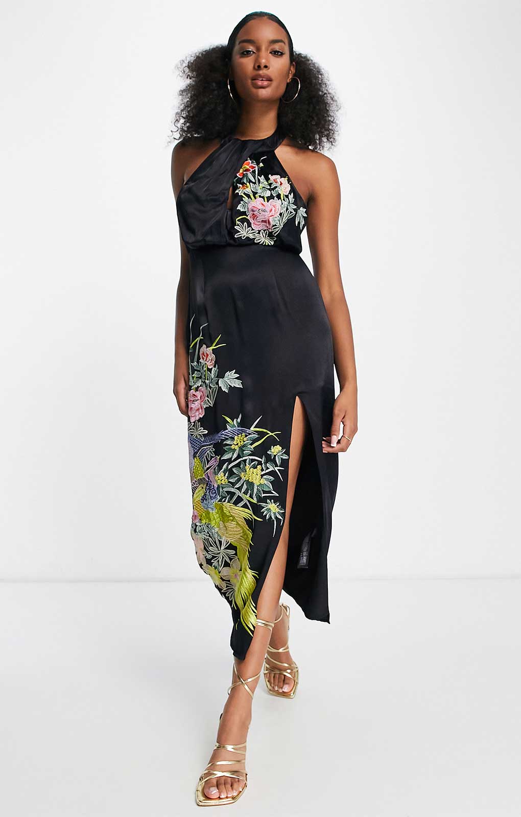 Asos Edition Floral Phoenix Embroidered Satin Halter Midi Dress In Black