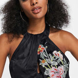 Asos Edition Floral Phoenix Embroidered Satin Halter Midi Dress In Black