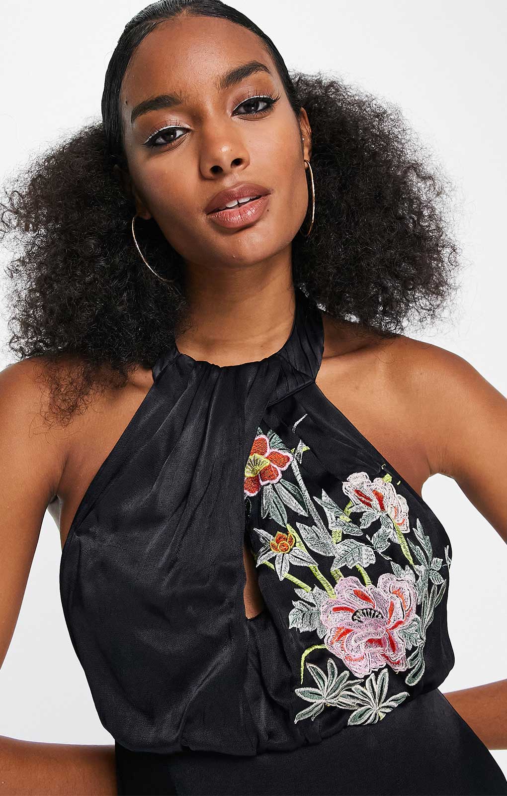 Asos Edition Floral Phoenix Embroidered Satin Halter Midi Dress In Black