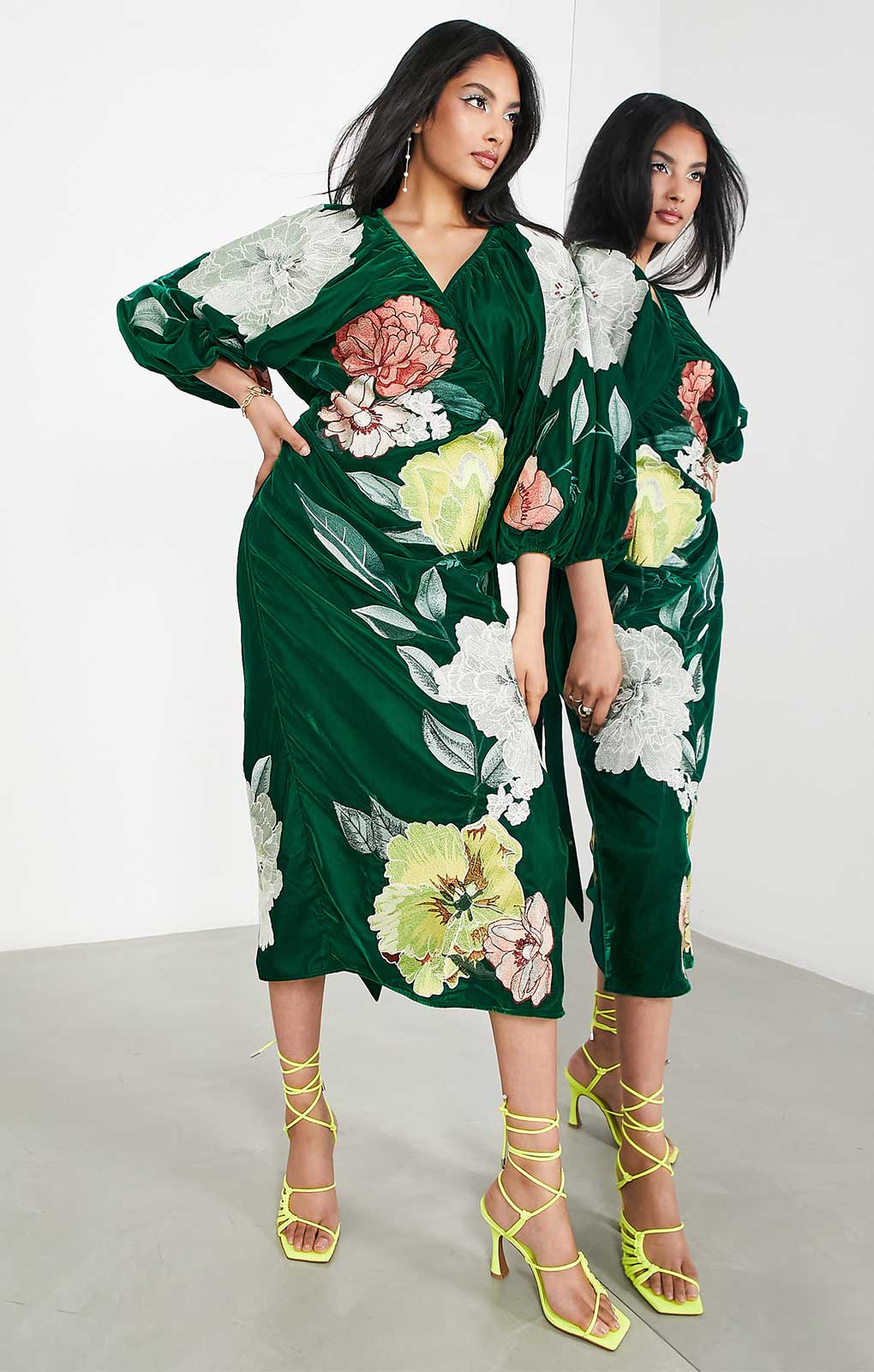 Asos Edition Velvet Wrap Midi Dress In Large Bloom Floral Embroidery In Green
