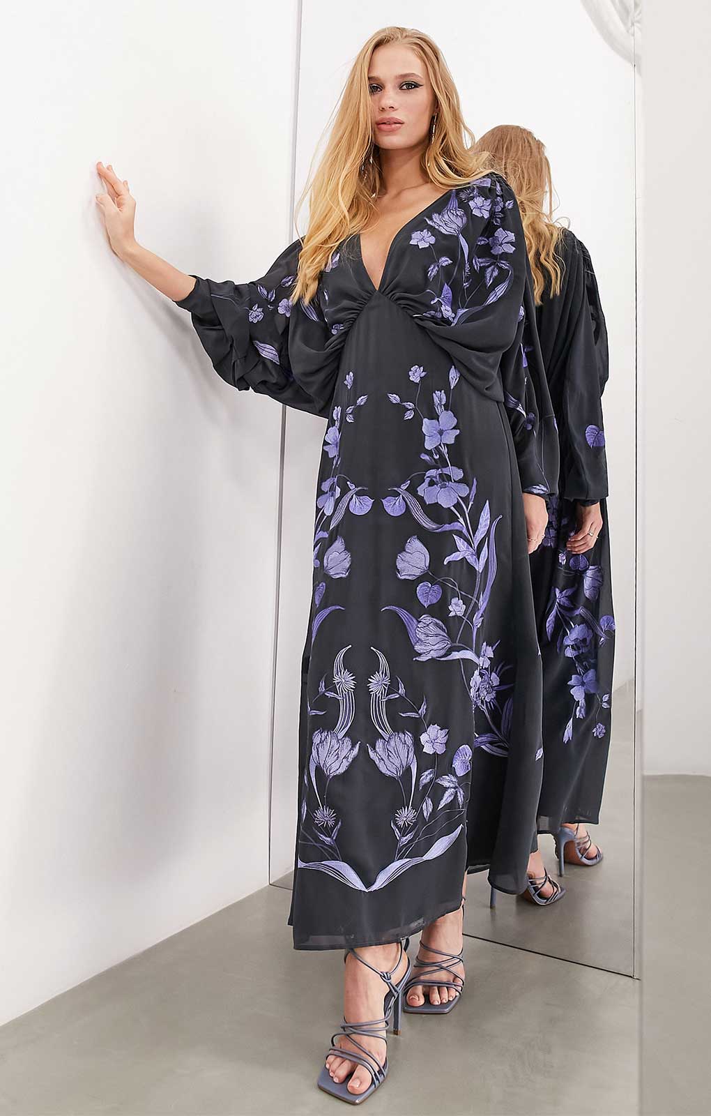 Asos Edition Batwing Chiffon Midi Dress With Floral Embroidery In Petrol Blue