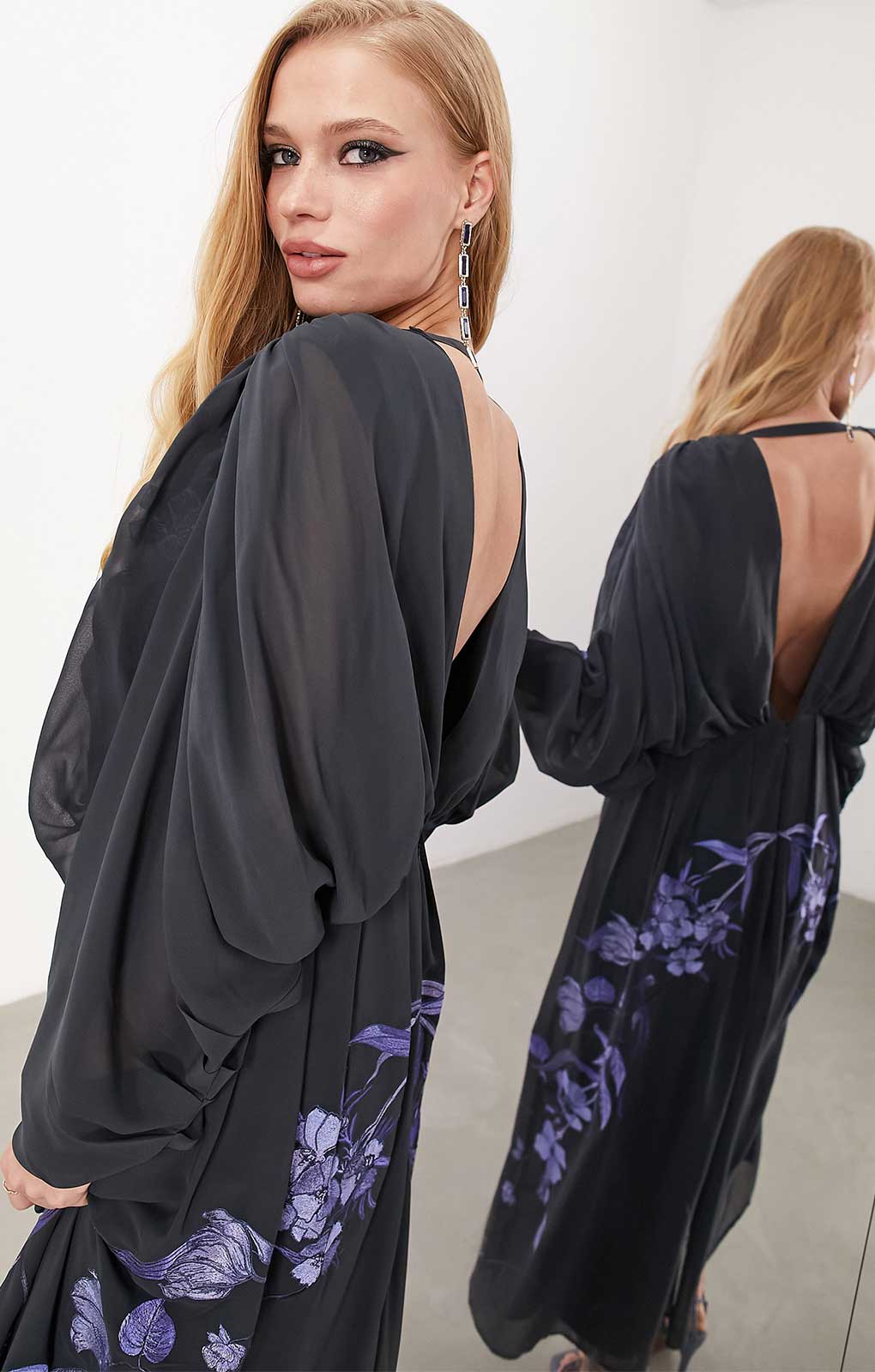Asos Edition Batwing Chiffon Midi Dress With Floral Embroidery In Petrol Blue