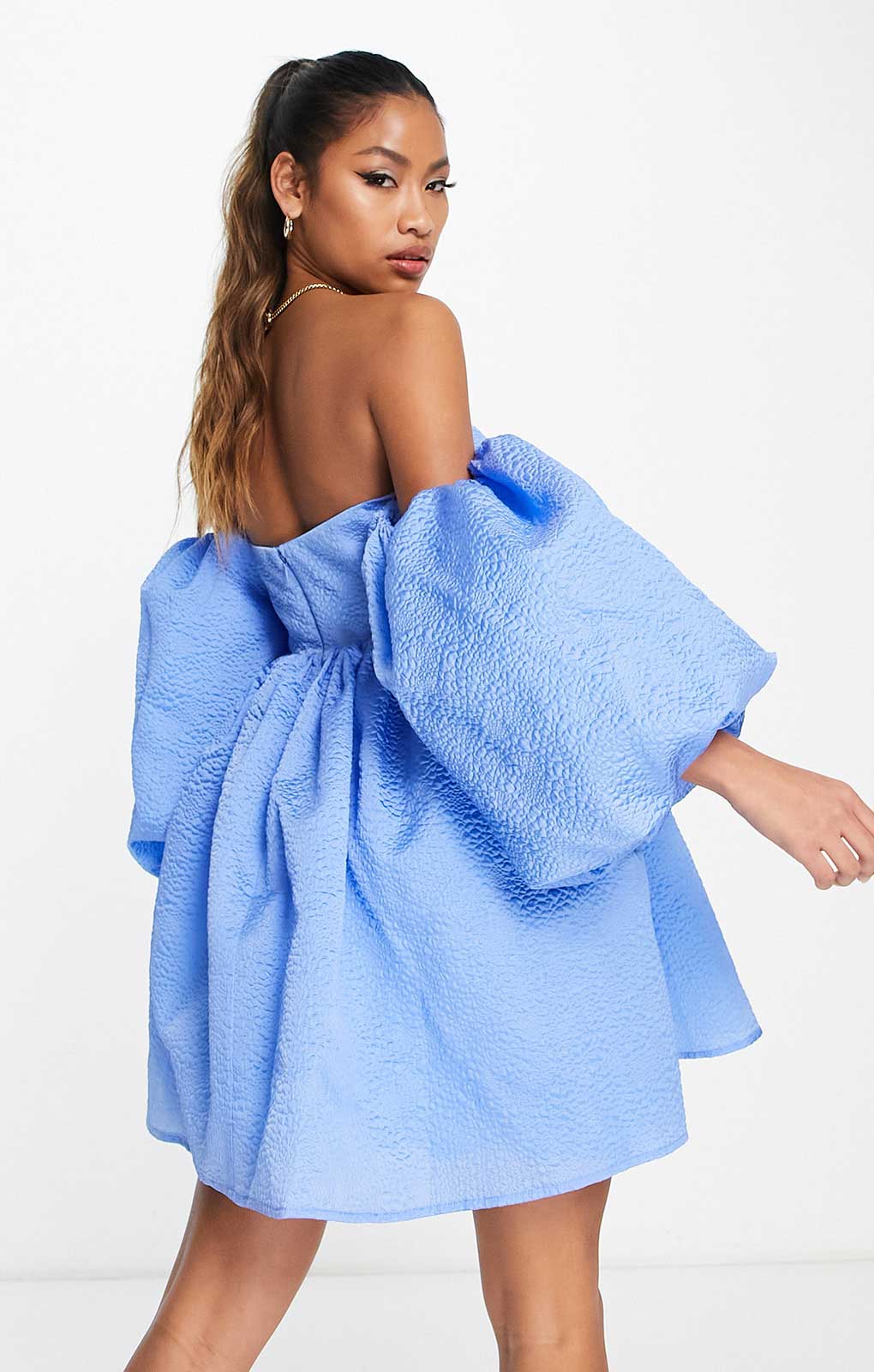 Asos Edition Off Shoulder Textured Mini Dress With Blouson Sleeve In Blue product image