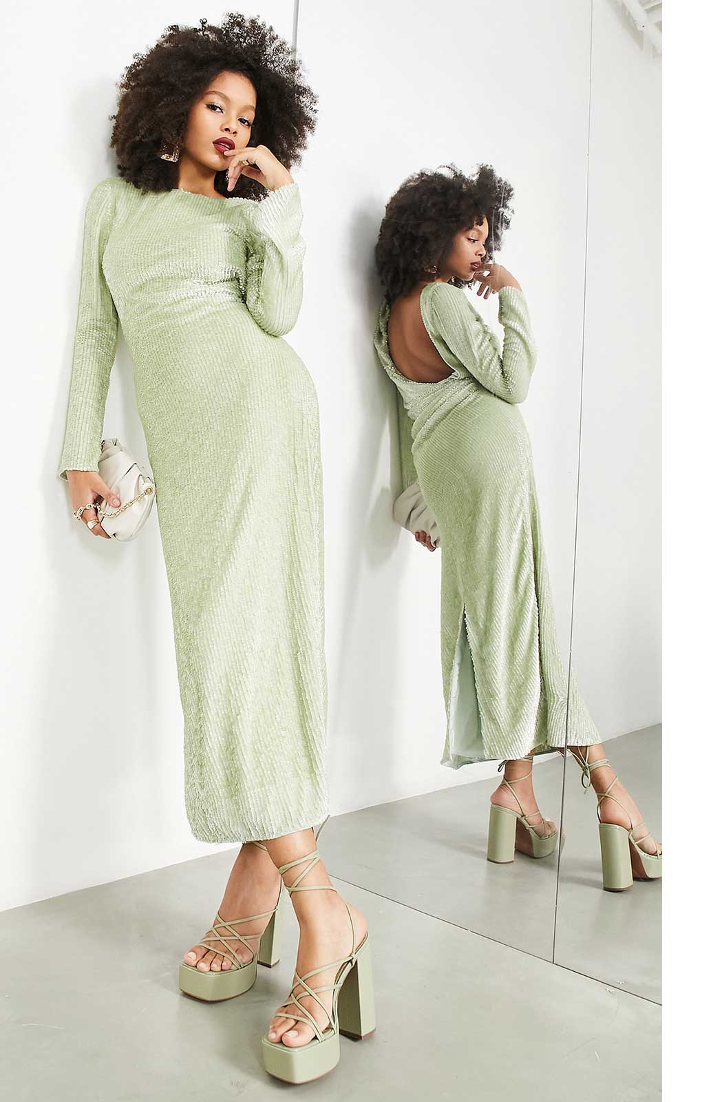 Asos Edition All Over Sequin Backless Drape Midi Dress In Sage Green