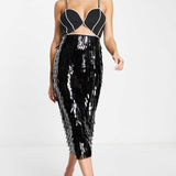 Asos Design Diamante Trim Shabby Sequin Midi Dress In Black