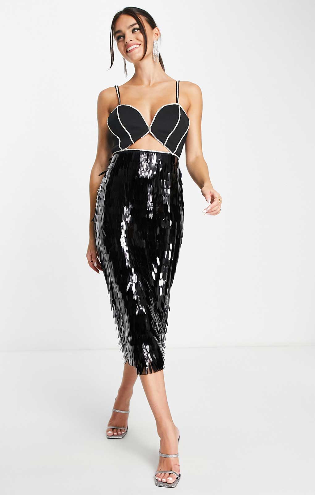 Asos Design Diamante Trim Shabby Sequin Midi Dress In Black