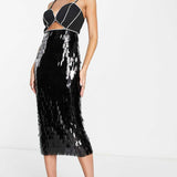 Asos Design Diamante Trim Shabby Sequin Midi Dress In Black