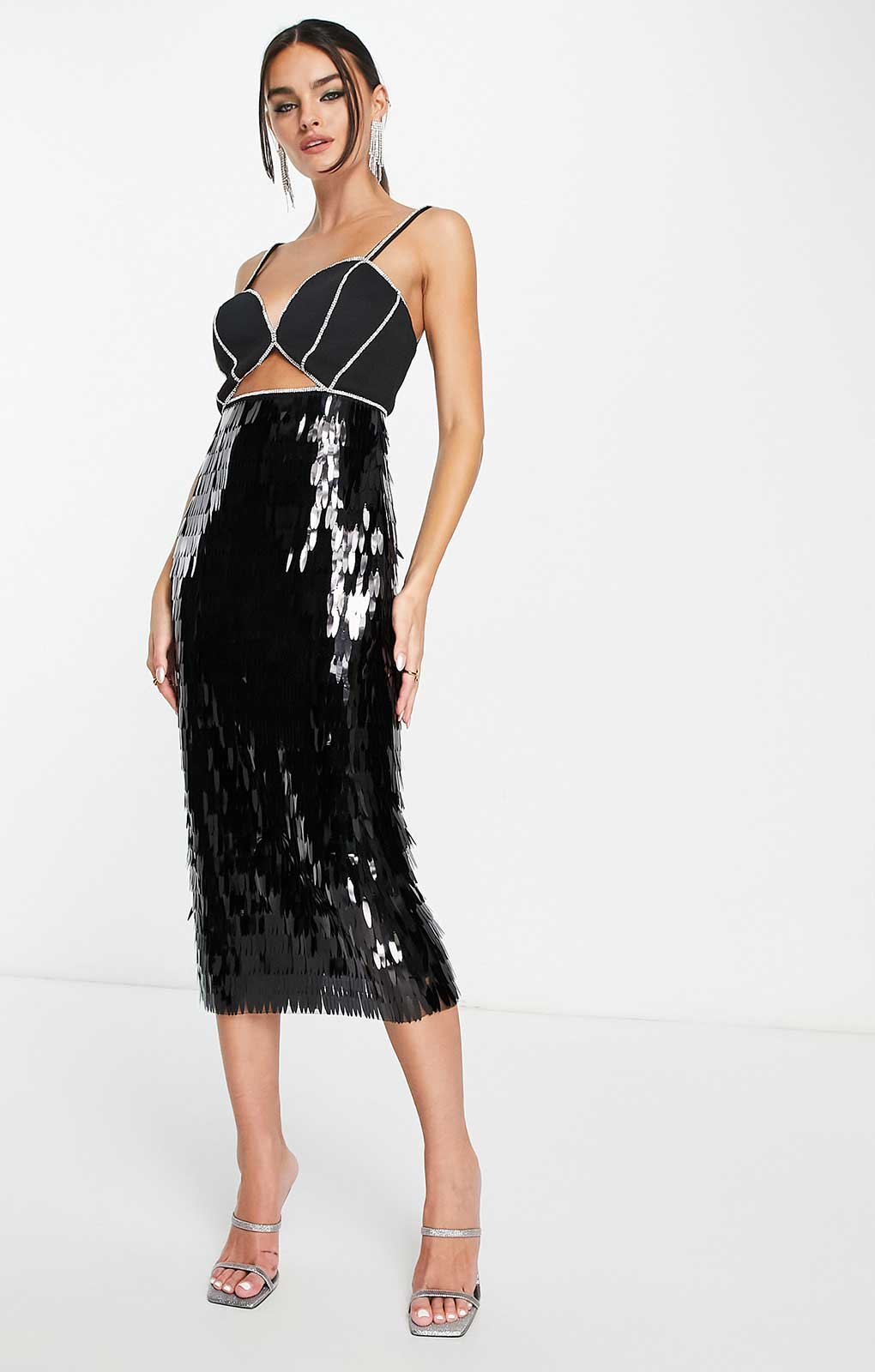 Asos Design Diamante Trim Shabby Sequin Midi Dress In Black