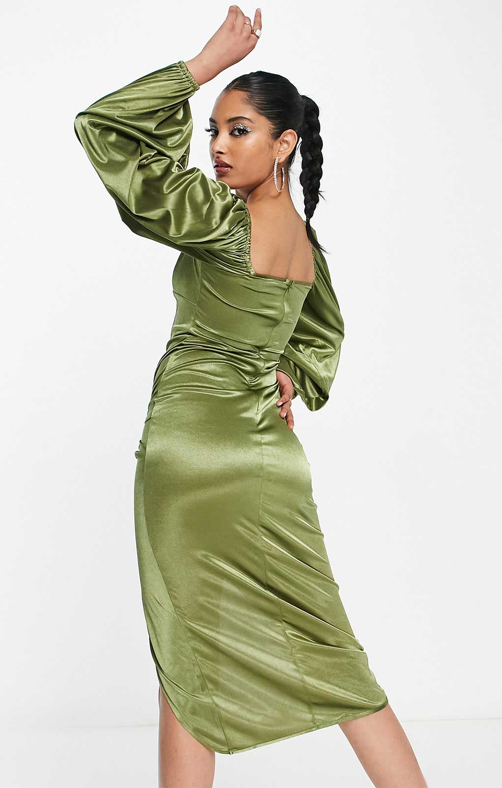 Asos Design Long Sleeve Knot High Split Satin Midi Dress In Olive Green